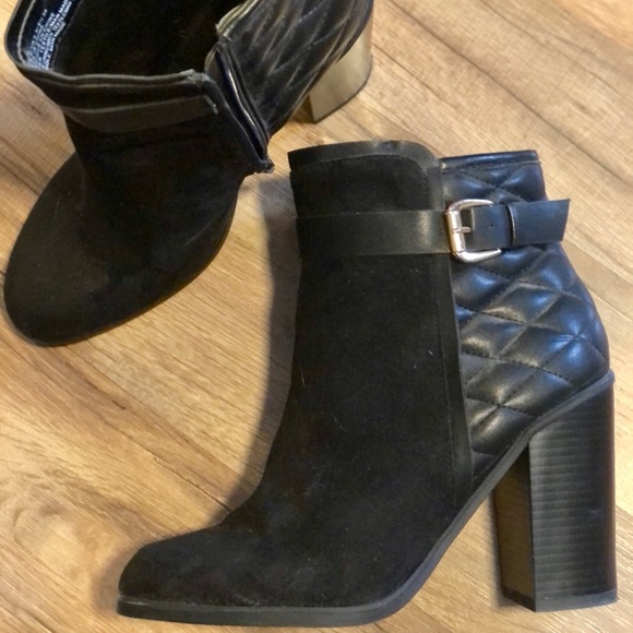 Black Faux Suede & Leather Quilted Heel Booties - Picture 3 of 6